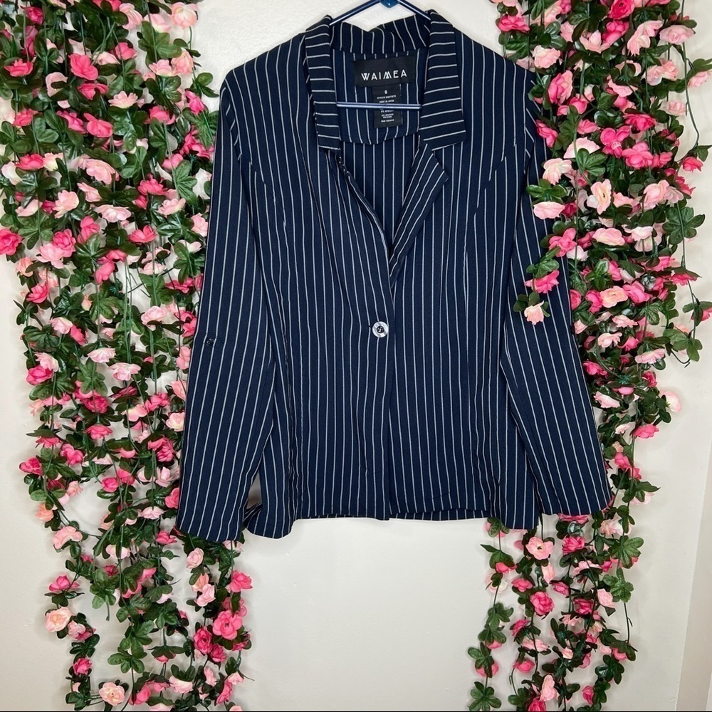 Waimea Navy Blue Striped White Light Button Up Collared Blazer Womens S Work